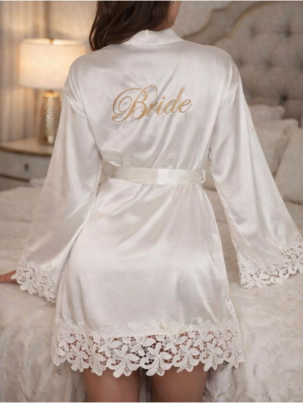 Embroidered 'Bride' Satin Robe with Lace Trim - Ivory